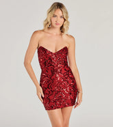 Steal the spotlight in the Lilian Sequin Strapless Lace-Up Mini Dress in red, a fiery pick from the red homecoming dresses collection designed for bold entrances.
