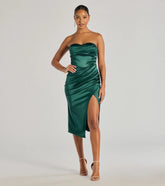The Kaleen Sleeveless Satin Wrap Midi Dress is a hunter green midi dress, featuring an elevated midi-length silhouette perfect for wedding guest attire, romantic date nights, or effortless everyday styling.