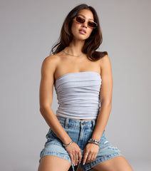 Trendy women’s tops, like the Cutest Vibe Ruched Knit Tube Top, bring effortless style for fall layering, lounging, or going out.