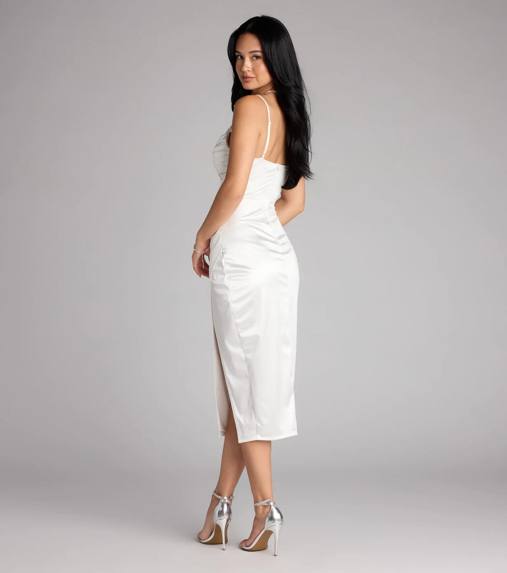 Slip into polished style with this satin midi dress—the Lilith Satin Cutout Wrap-Front Midi Dress in white stuns with a flattering length and stylish details for dinners, parties, or weddings.