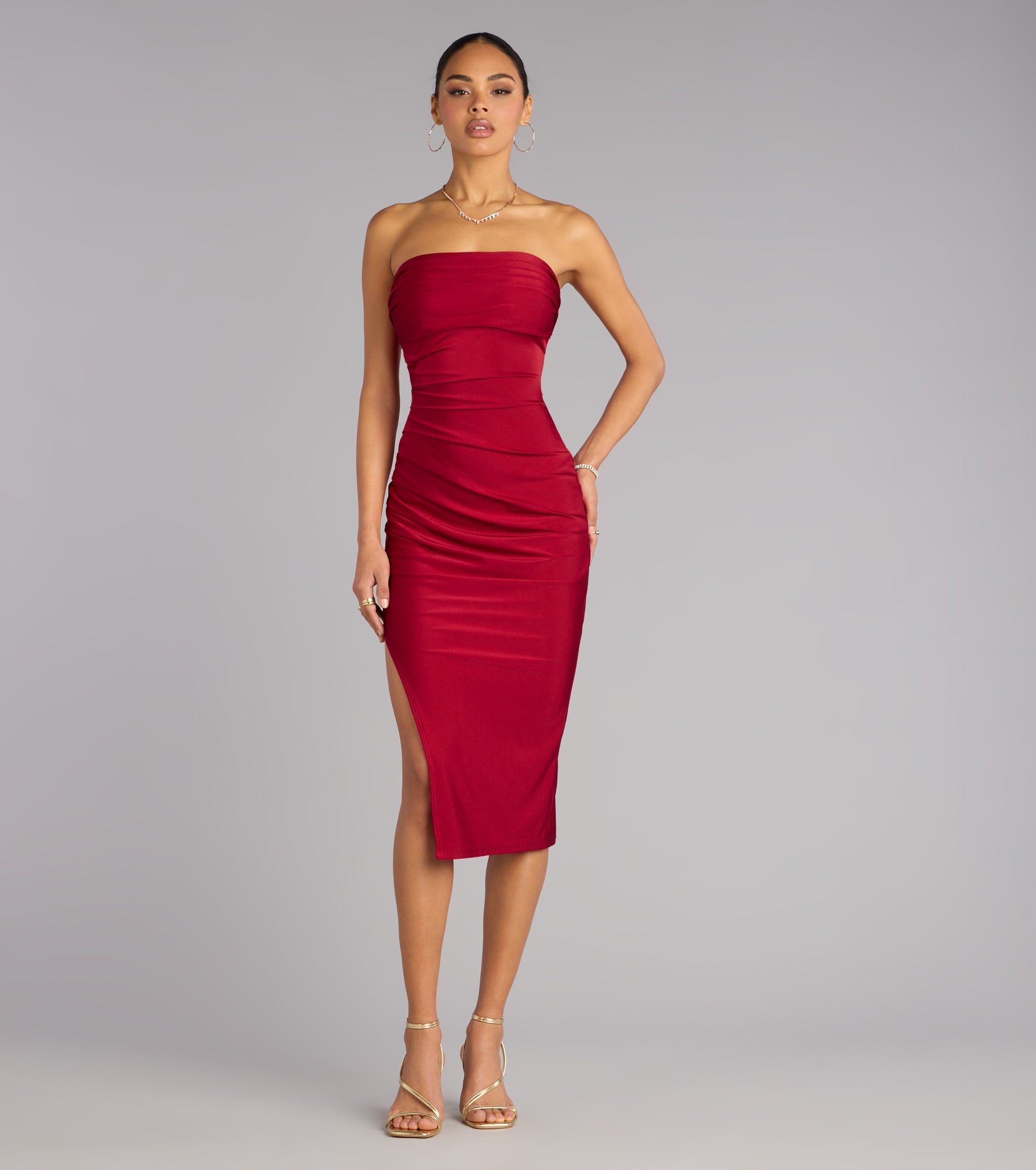 Dianna Strapless Slit Midi Formal Dress