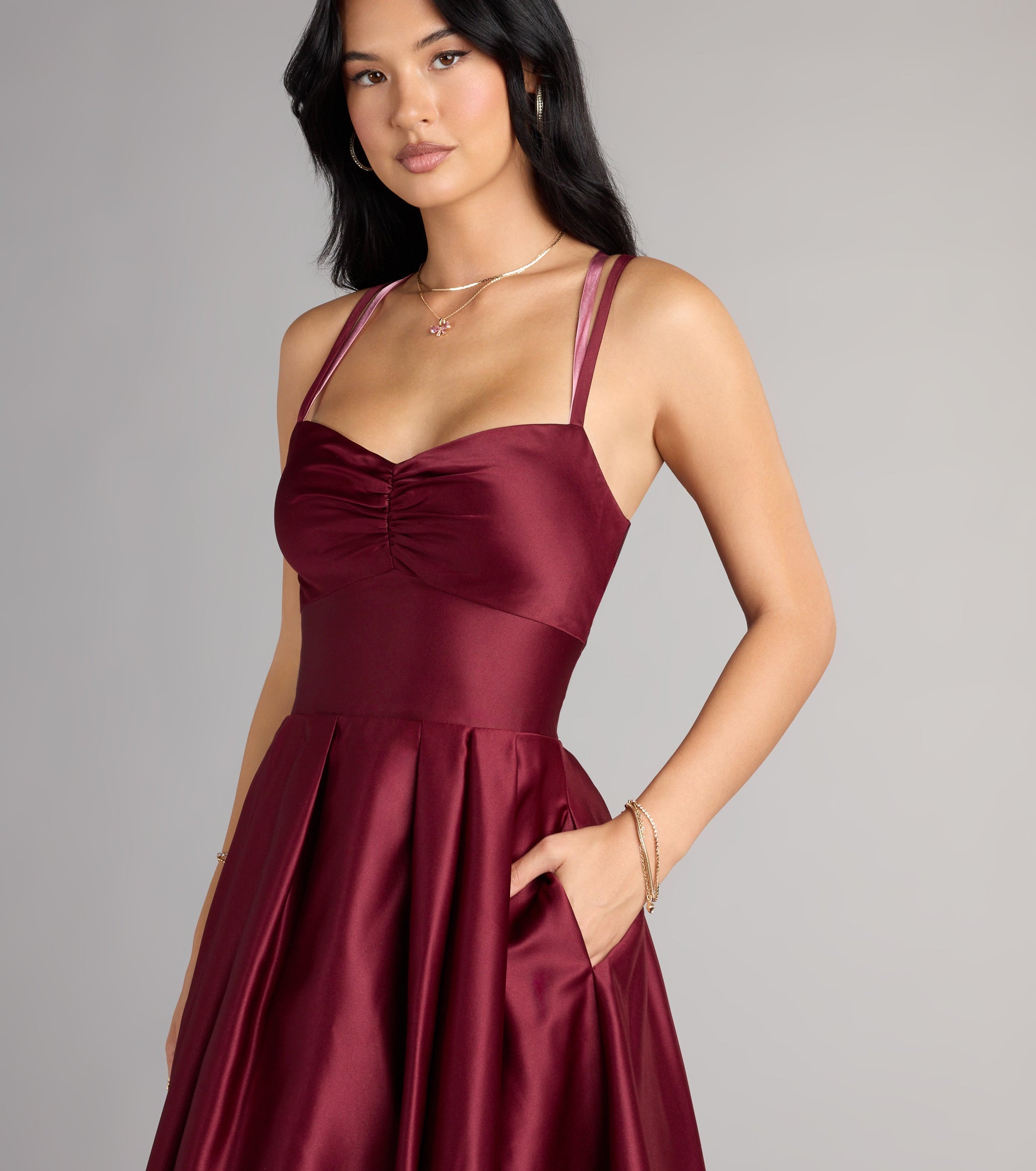 Celebrate in style with the Isabelle Satin Lace-Up Dress With Pockets, a holiday dresses standout that brings bold, festive flair and a party-ready look.
