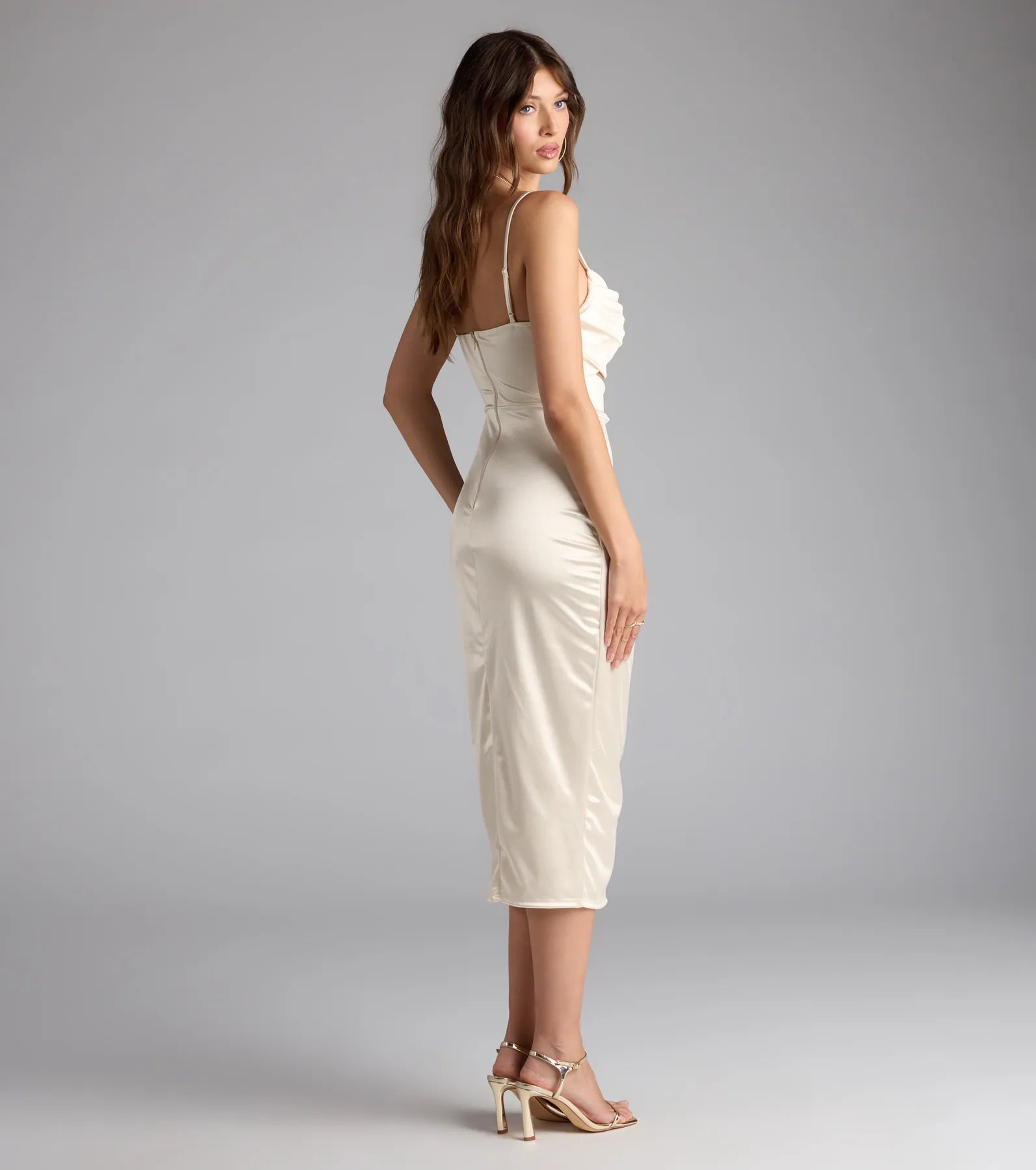 Own the evening in the Lilith Satin Cutout Wrap-Front Midi Dress in ivory, a sultry cocktail dress perfect for rooftop parties and stylish soirées.