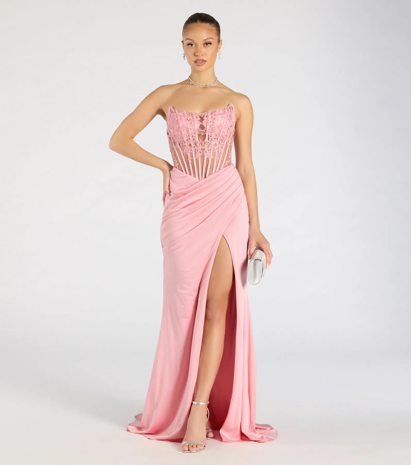 Bring a fun and feminine vibe with the Shayla Strapless Corset Lace Formal Dress, a scroll-stopping style from Windsor's pink homecoming dress collection that brings playful charm to every HOCO moment.