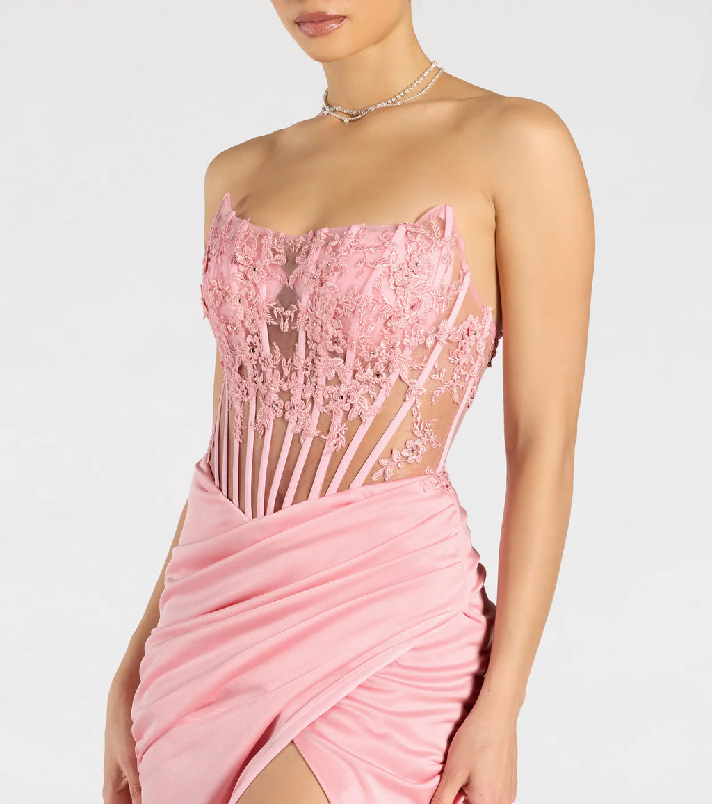 Make a bold statement in the Shayla Strapless Corset Lace Formal Dress in pink, the perfect fall dress for weddings, cocktail hours, nights out, and/or seasonal celebrations.