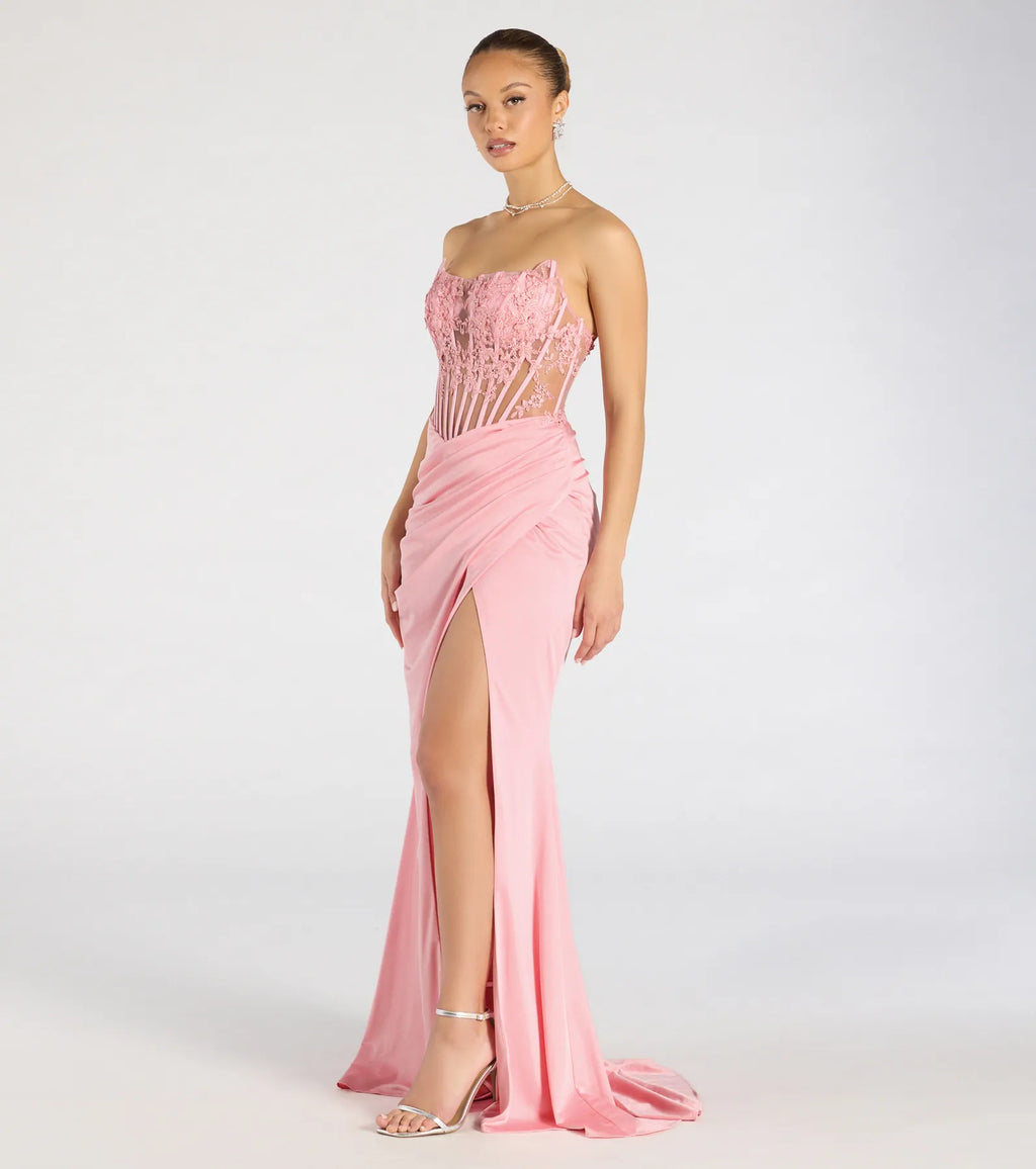 Make the big day unforgettable with the Shayla Strapless Corset Lace Mermaid Formal Dress, a gorgeous pink bridesmaid dress that balances elegance and affordability.