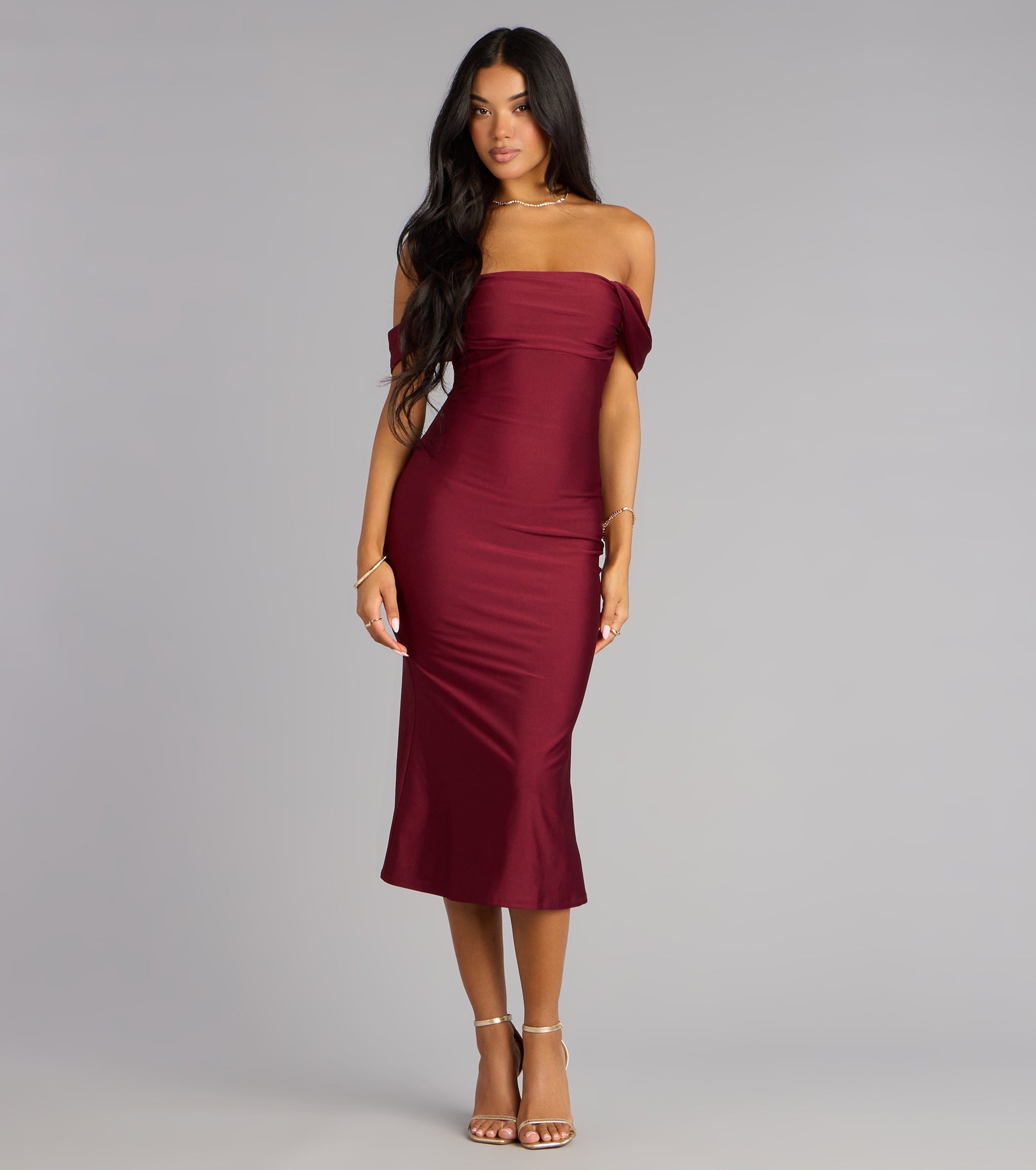 Exceptional Off-The-Shoulder Flared Midi Dress