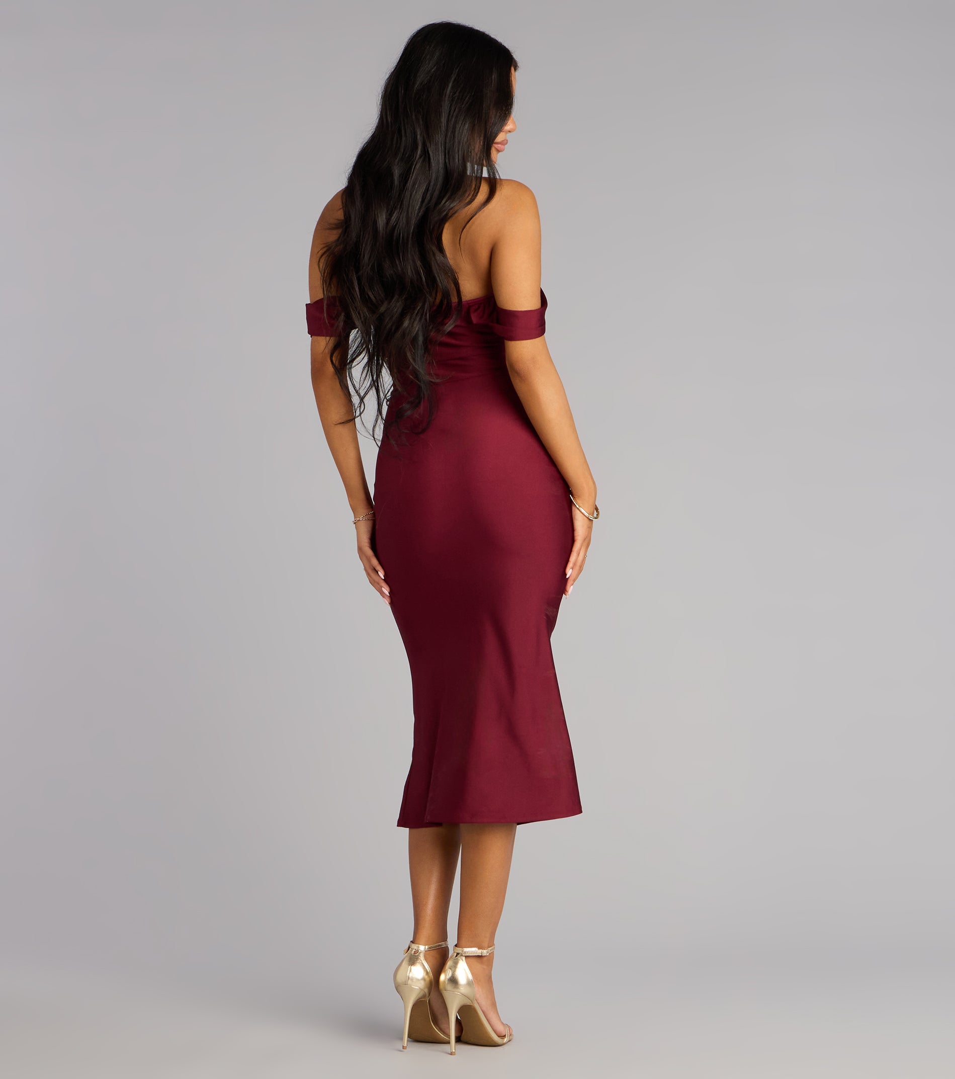 Exceptional Off-The-Shoulder Flared Midi Dress