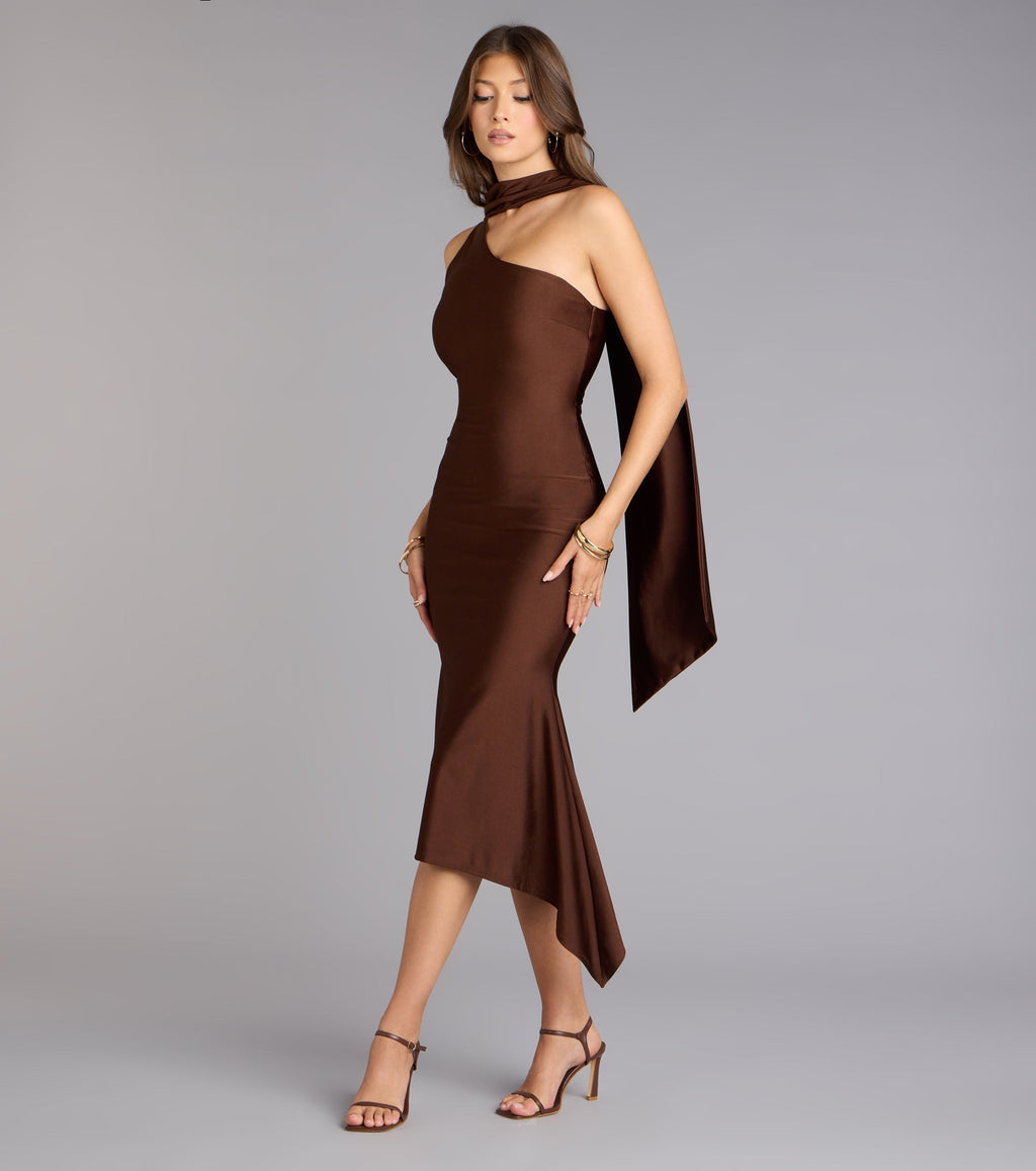The Street Strut Satin Midi Dress With Scarf is your new go-to Windsor dress—effortless, versatile, and made to update your fall style in seconds.