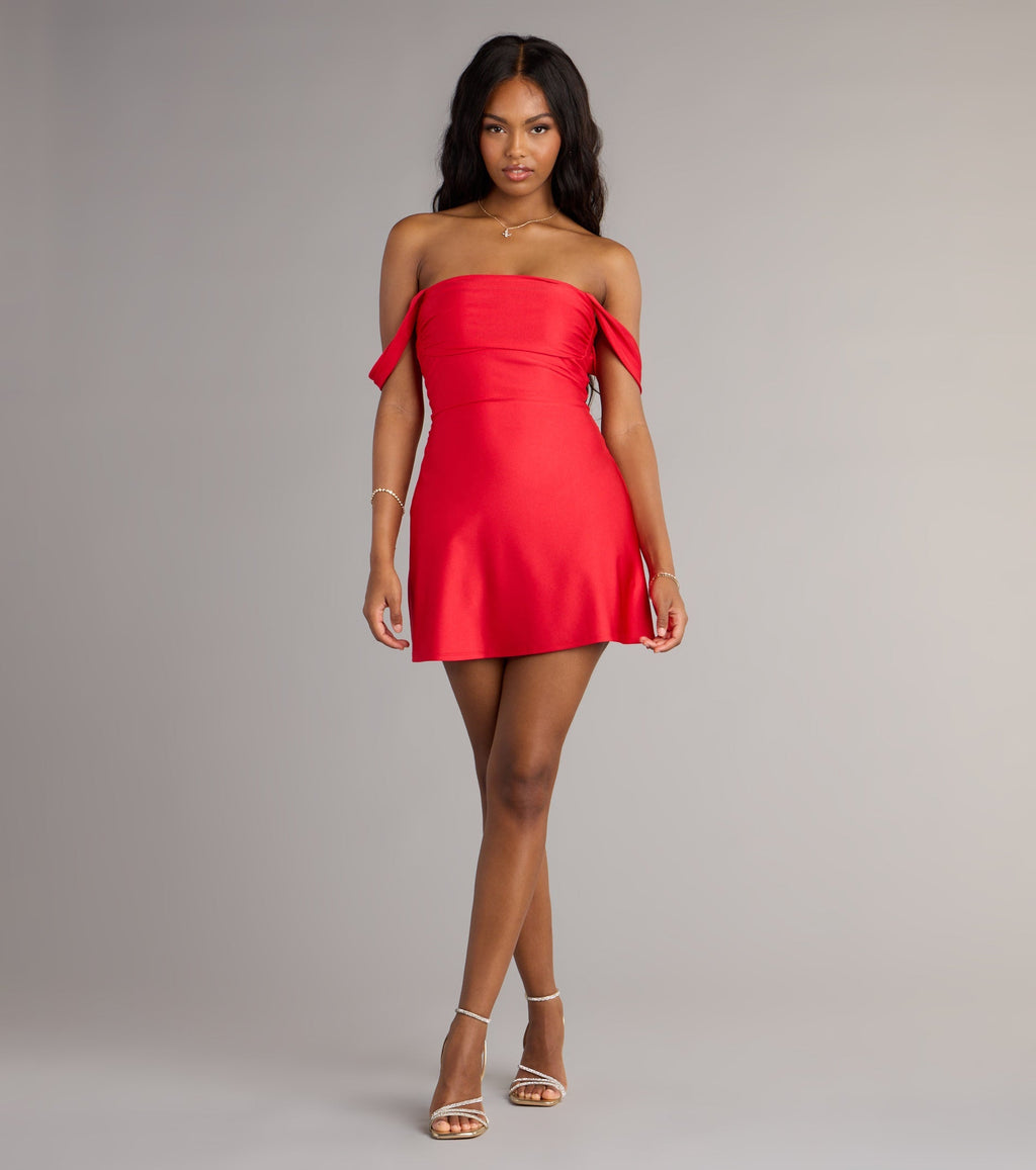 The Classics Lover Off-The-Shoulder Satin A-Line Mini Dress is your new go-to Windsor dress—effortless, versatile, and made to update your fall style in seconds.