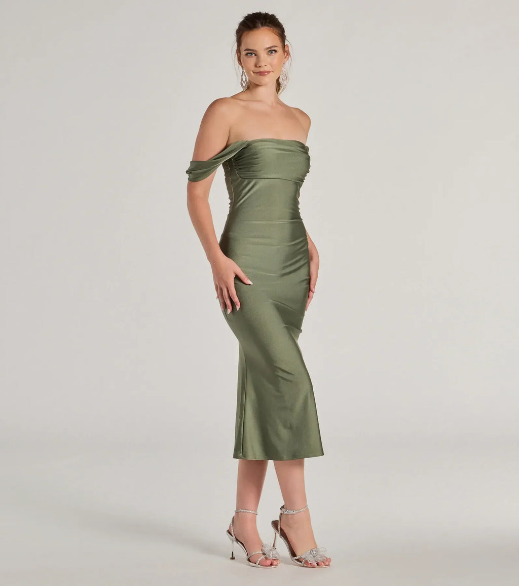 Whether it's the color or silhouette of the Exceptional Off-The-Shoulder Flared Midi Dress, this sage bridesmaid dress is a gorgeous pick for a maid-of-honor or to create a bridal party look ready to celebrate!