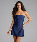 Feel instantly put-together in the So Your Vibe Strapless A-line Mini Dress in navy blue, a fall wedding guest dress designed for confident style and all-out celebration.