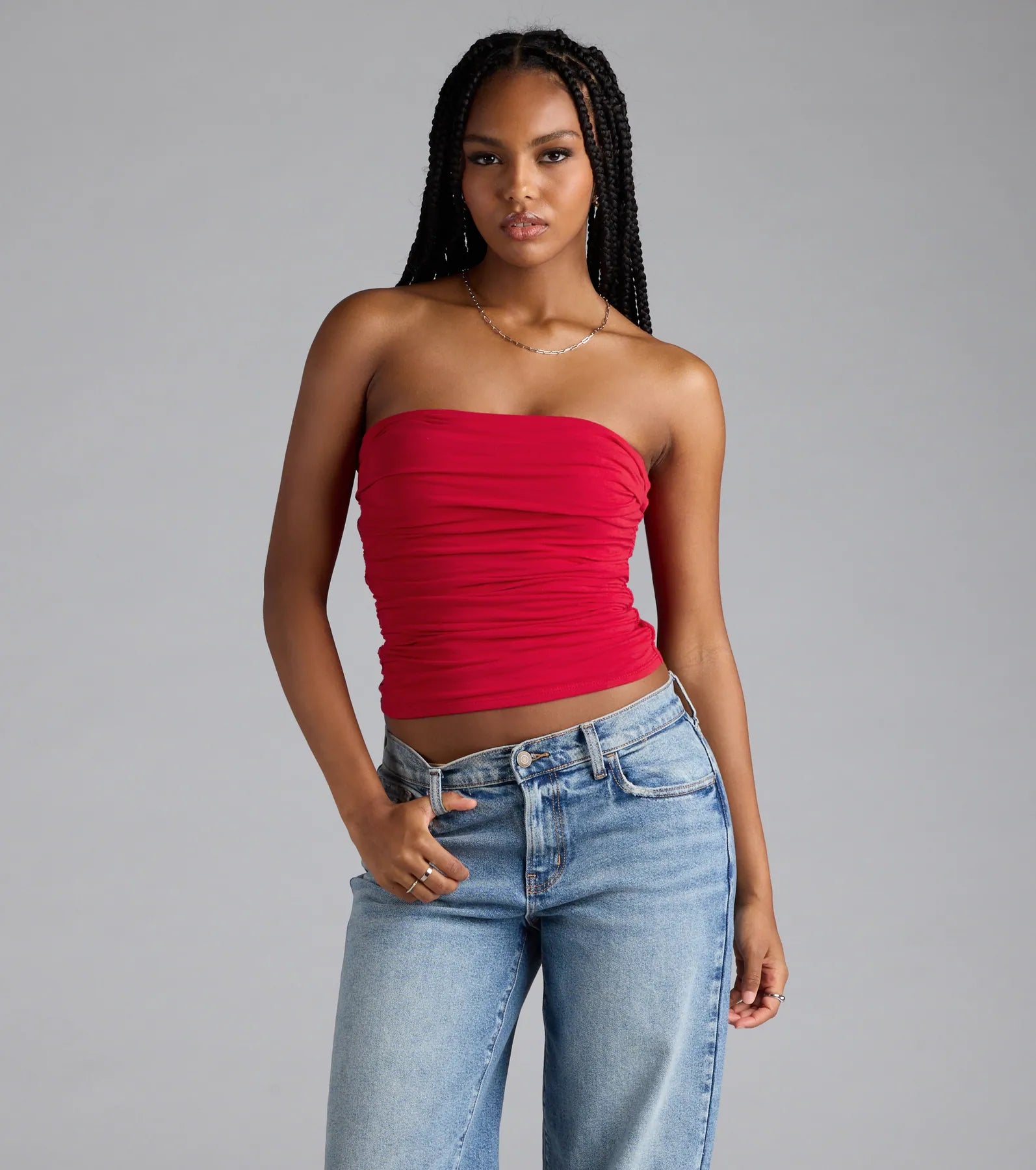 Complete your look with the Cutest Vibe Ruched Knit Tube Top, a trendy red top that’s ready to pair with anything in your fall rotation.