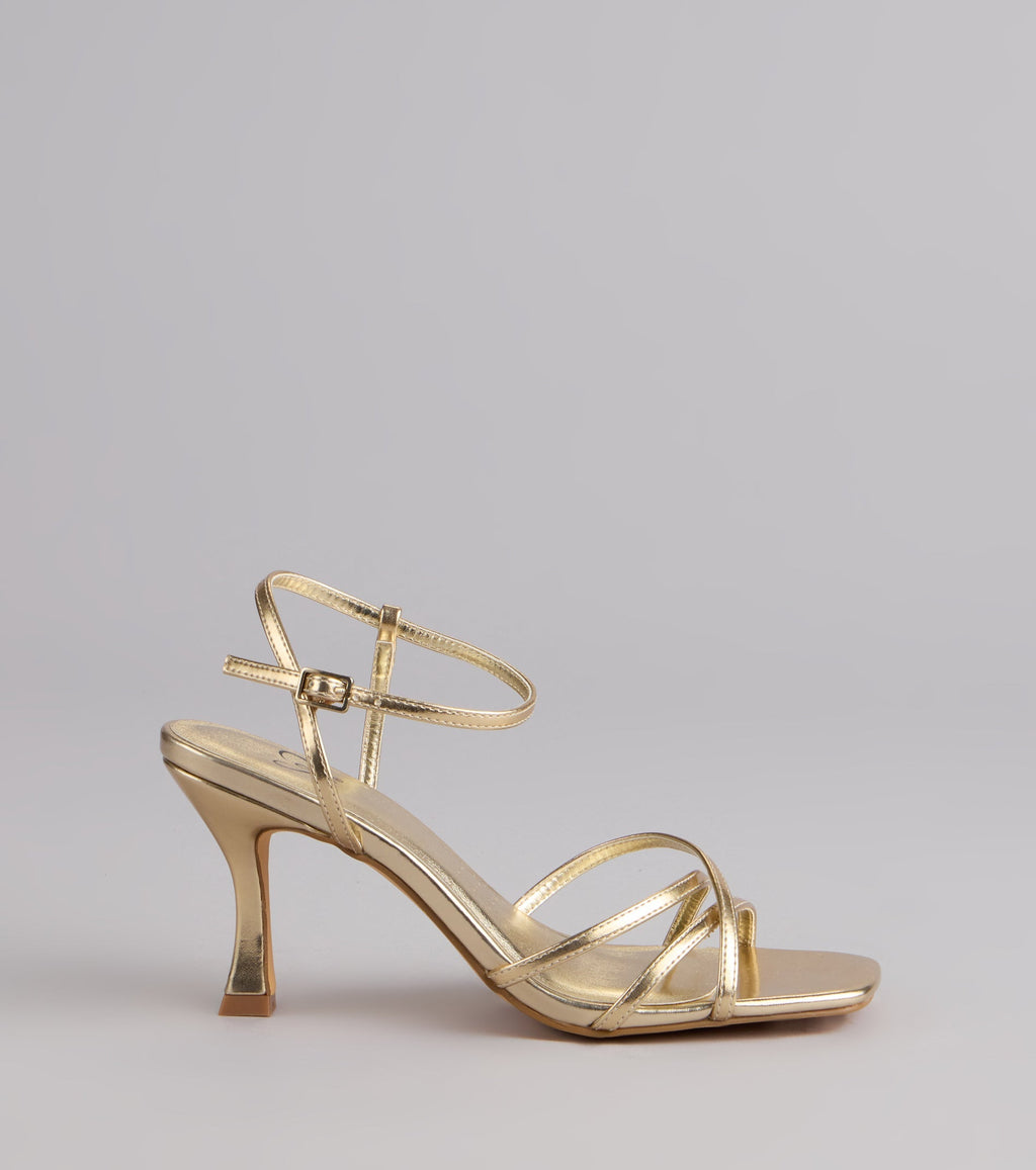 Style made simple with the Shine Hour Metallic Strappy Stiletto Heels, trendy women’s shoes that take your outfit from basic to bold in one step.
