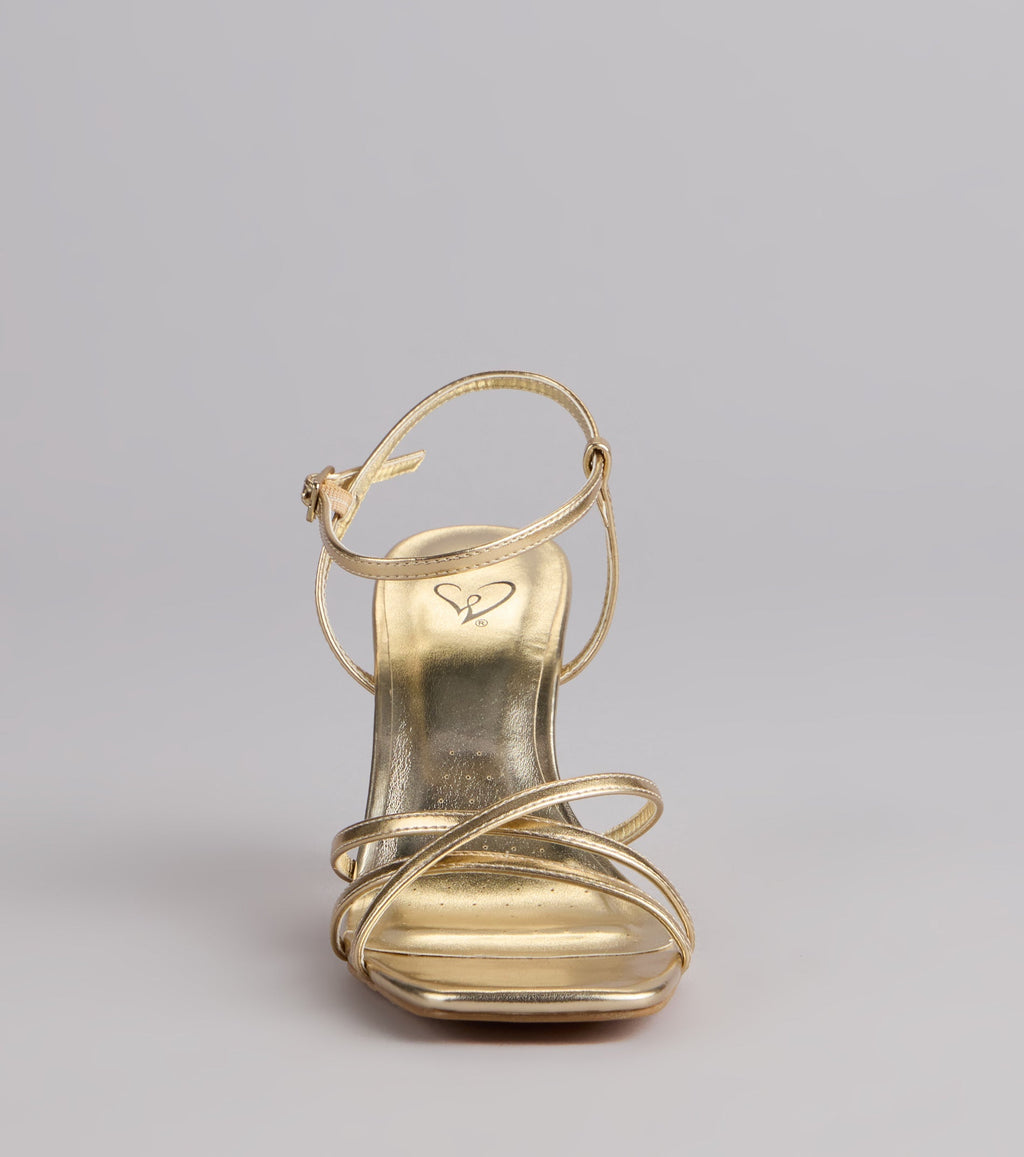 Style made simple with the Shine Hour Metallic Strappy Stiletto Heels, trendy women’s shoes that take your outfit from basic to bold in one step.