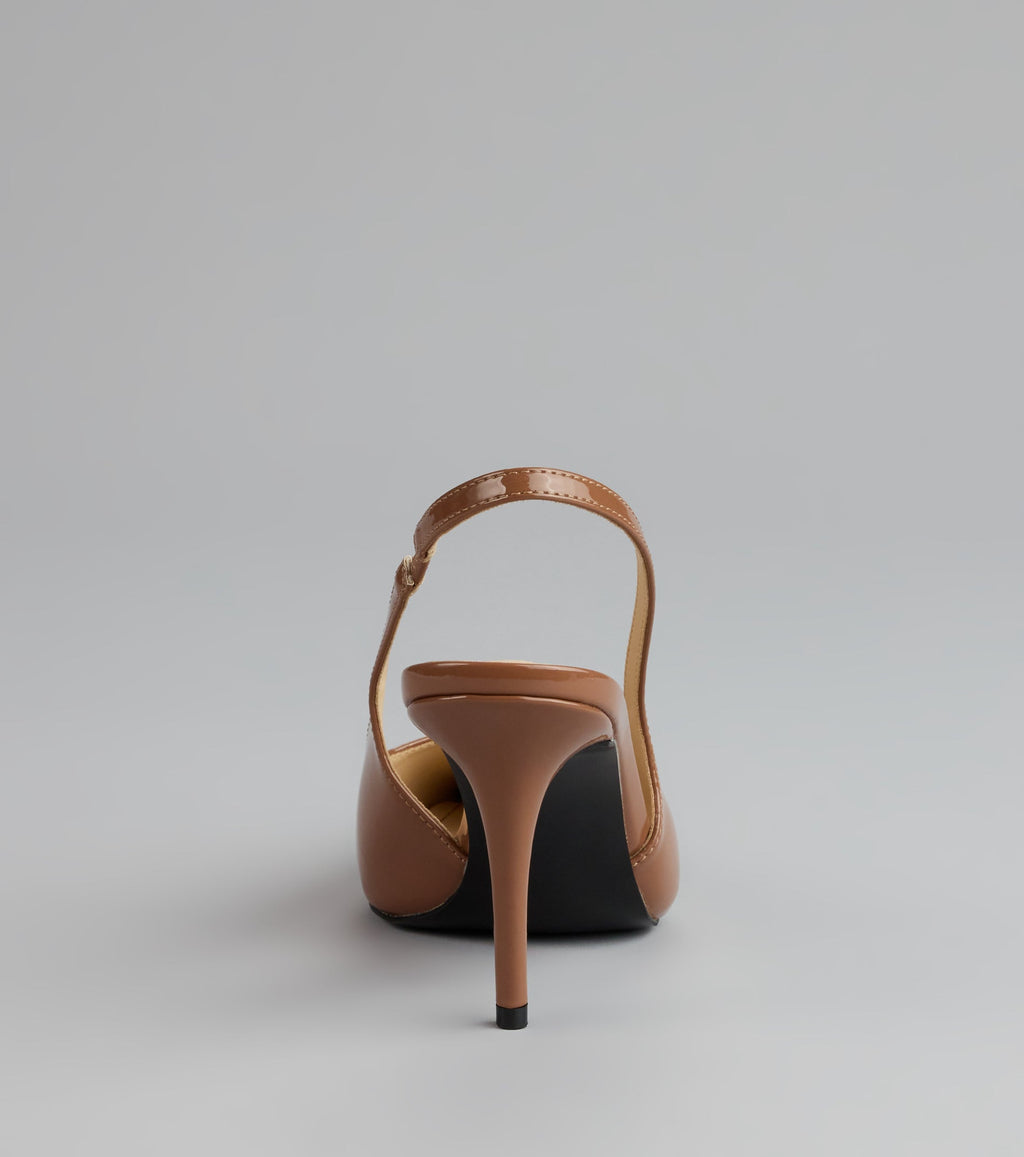 Style made simple with the Sharp Finish Patent Slingback Pumps, trendy women’s shoes that take your outfit from basic to bold in one step.