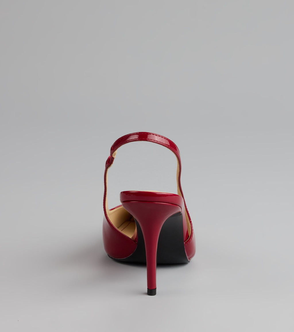 Style made simple with the Sharp Finish Patent Slingback Pumps, trendy women’s shoes that take your outfit from basic to bold in one step.