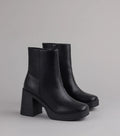 Style made simple with the Tough Love Platform Block Heel Booties in black, trendy women’s shoes that take your outfit from basic to bold in one step.